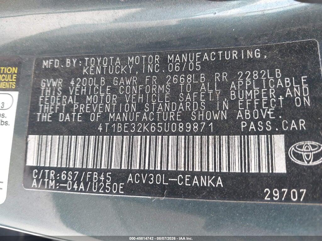 4T1BE32K65U089871 2005 TOYOTA CAMRY photo no. 9