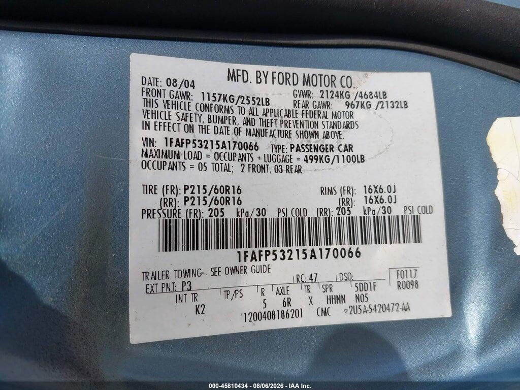1FAFP53215A170066 2005 FORD TAURUS photo no. 9