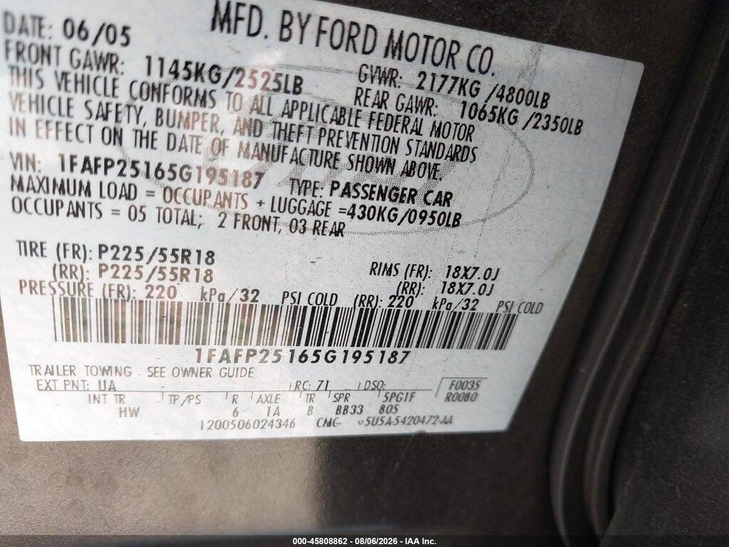 1FAFP25165G195187 2005 FORD FIVE HUNDRED photo no. 9