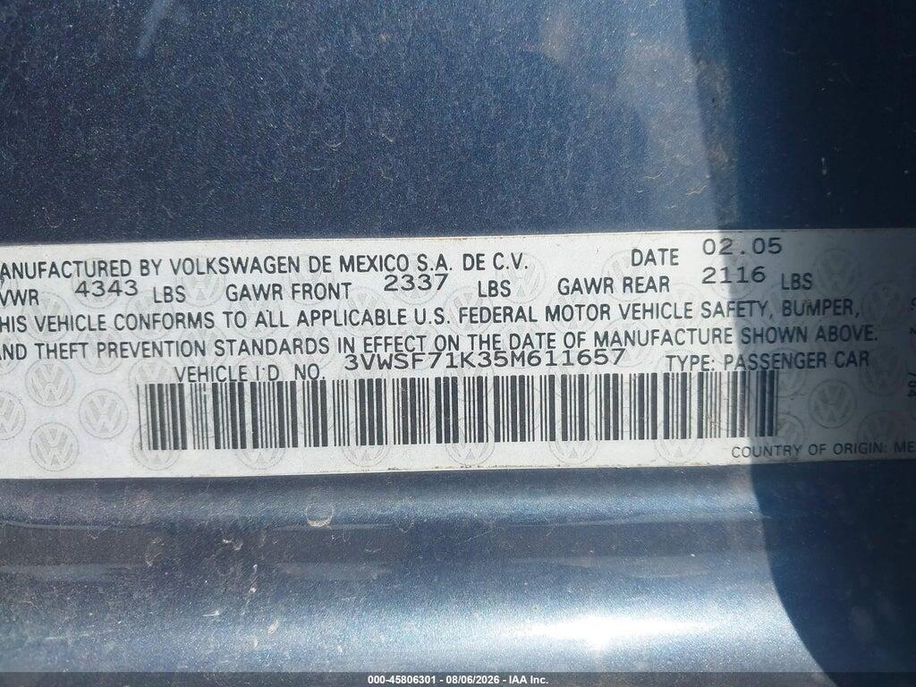 3VWSF71K35M611657 2005 VOLKSWAGEN JETTA photo no. 9