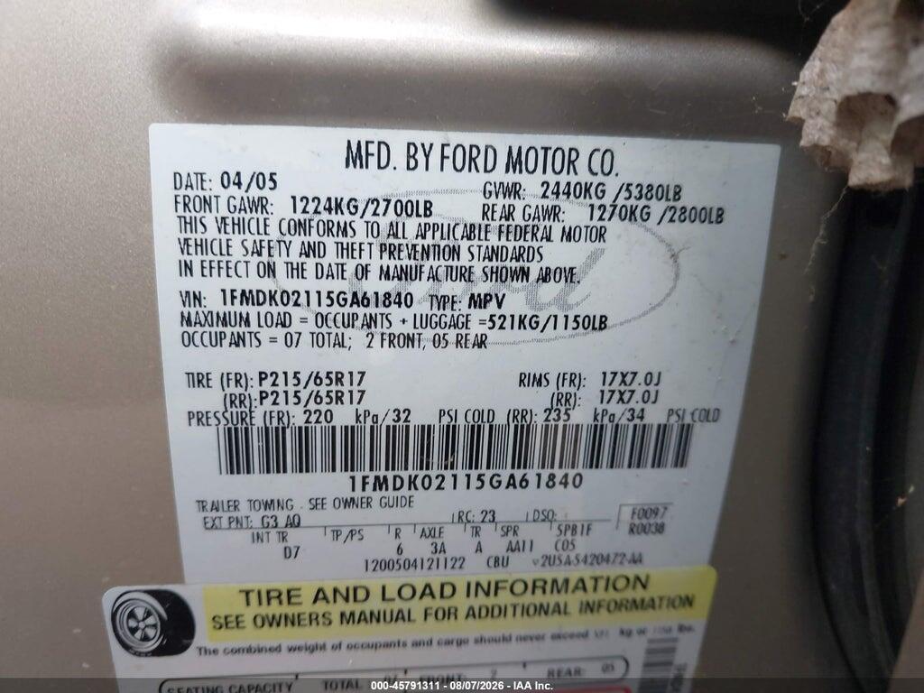 1FMDK02115GA61840 2005 FORD FREESTYLE photo no. 8