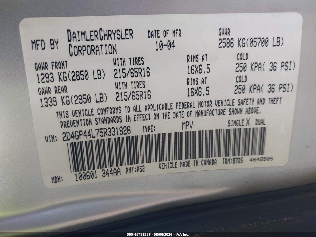 2D4GP44L75R331826 2005 DODGE GRAND CARAVAN photo no. 9