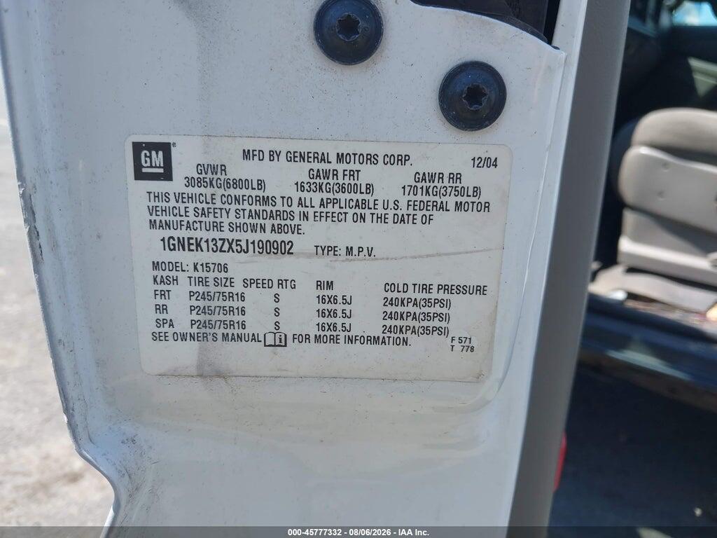 1GNEK13ZX5J190902 2005 CHEVROLET TAHOE photo no. 9