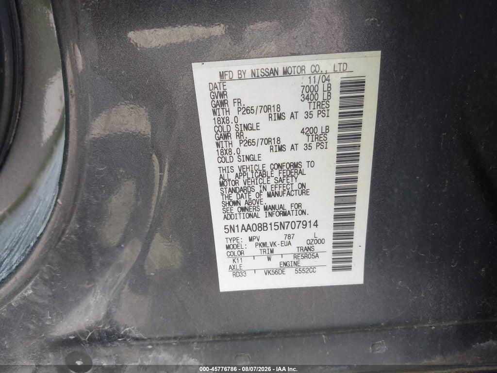 5N1AA08B15N707914 2005 NISSAN ARMADA photo no. 9