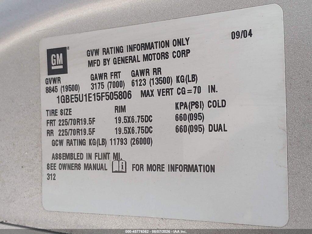 1GBE5U1E15F505806 2005 CHEVROLET C5500 photo no. 9