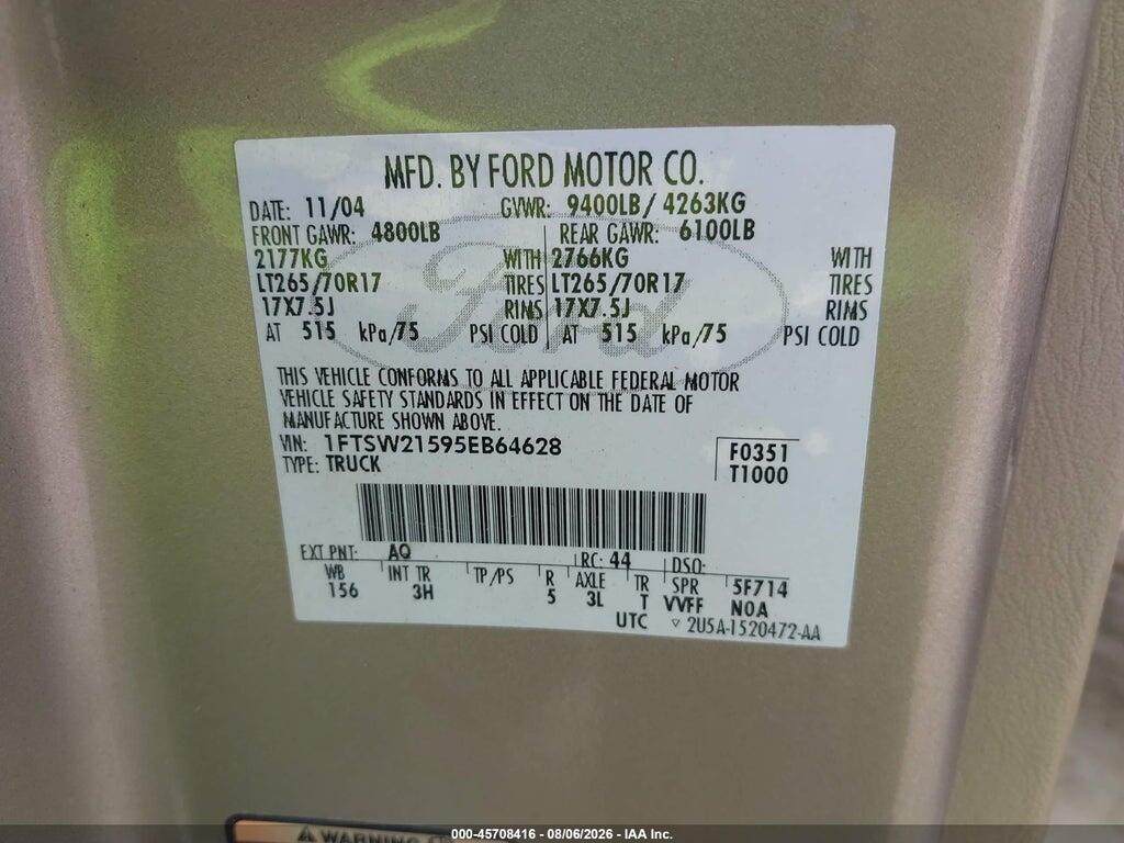 1FTSW21595EB64628 2005 FORD F-250 photo no. 9