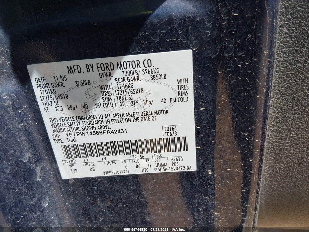 1FTPW14566FA42431 2006 FORD F-150 photo no. 9