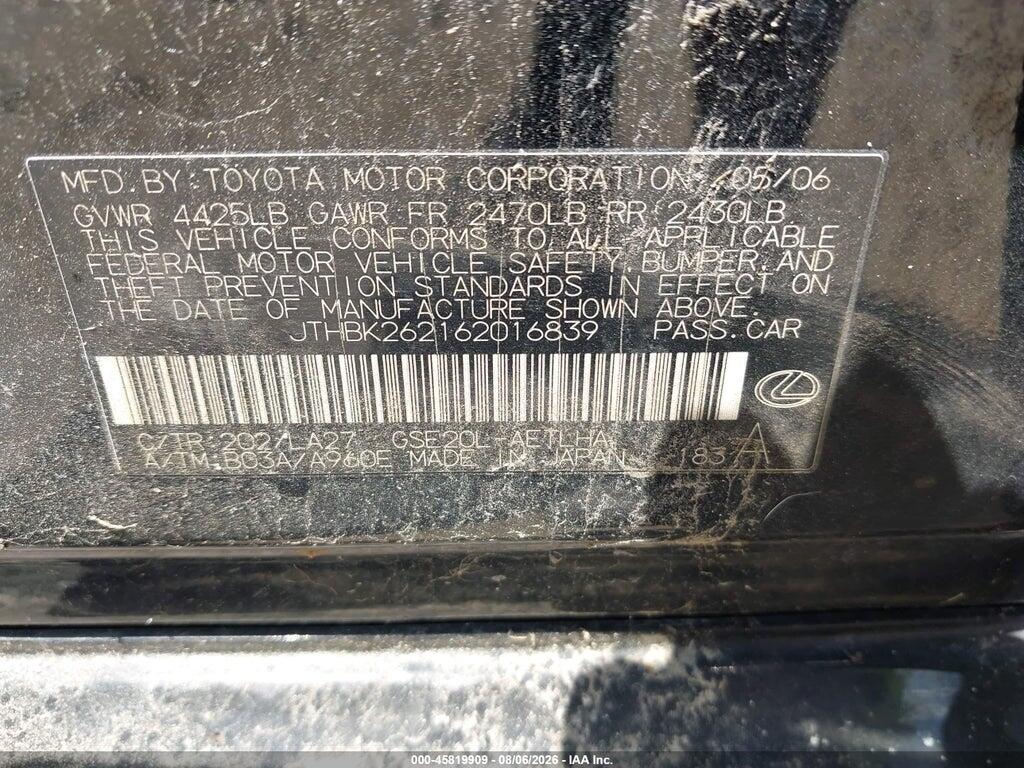 JTHBK262162016839 2006 LEXUS IS 250 photo no. 9