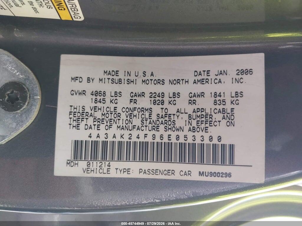 4A3AK24F96E053300 2006 MITSUBISHI ECLIPSE photo no. 9