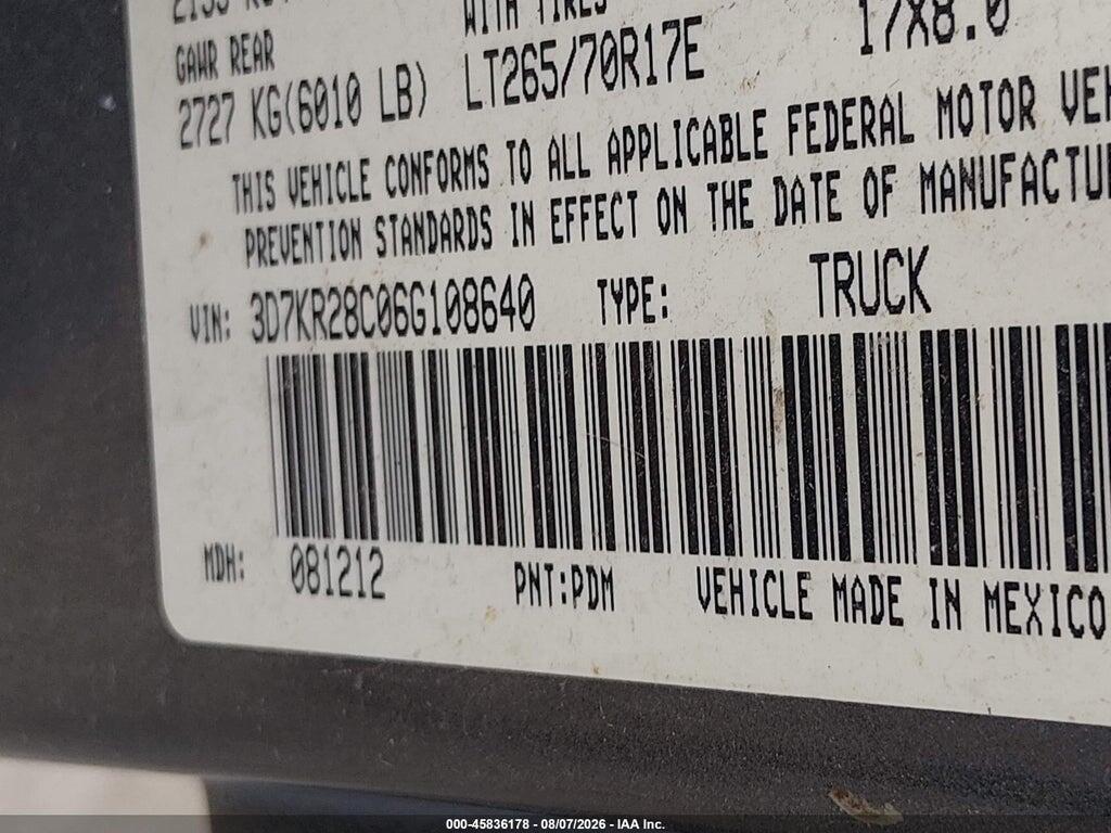 3D7KR28C06G108640 2006 DODGE RAM 2500 photo no. 9