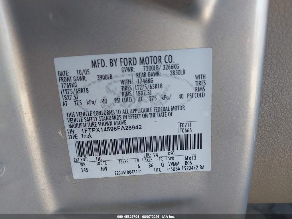 1FTPX14596FA28942 2006 FORD F-150 photo no. 9