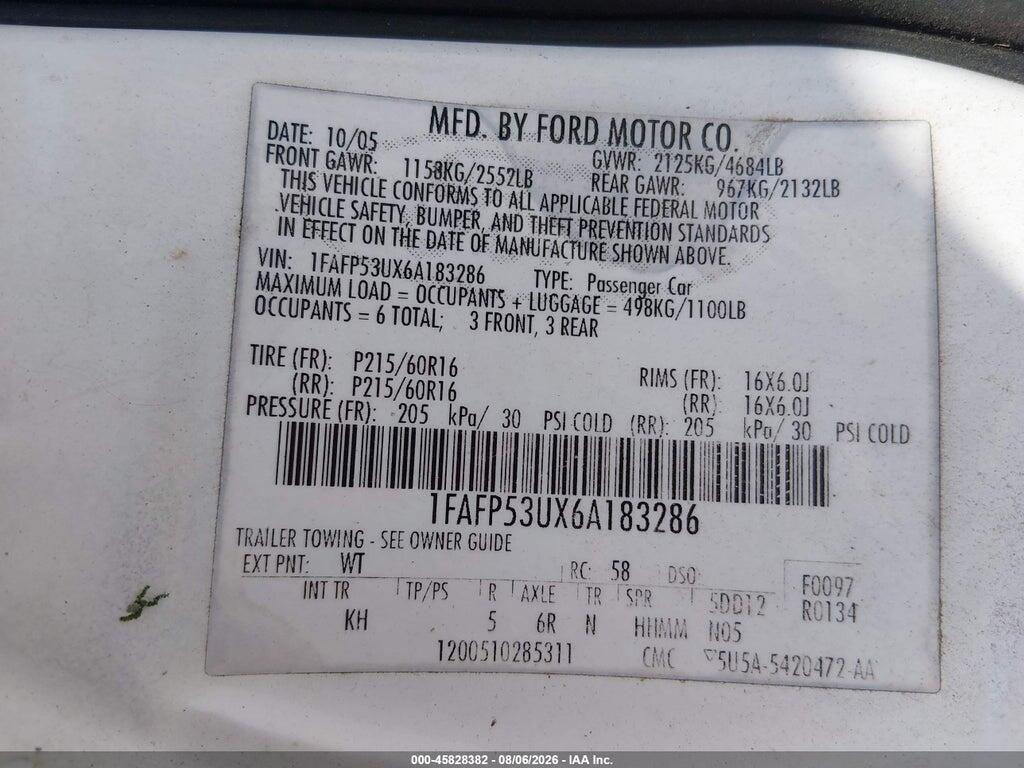 1FAFP53UX6A183286 2006 FORD TAURUS photo no. 9