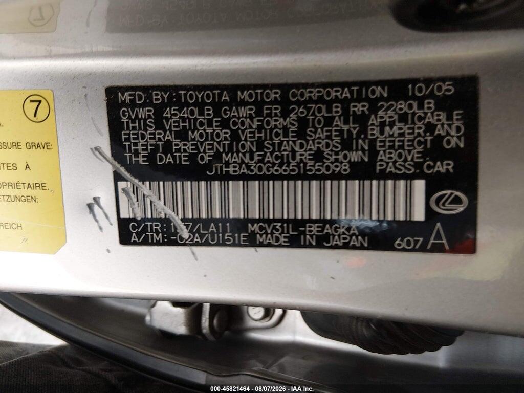 JTHBA30G665155098 2006 LEXUS ES 330 photo no. 9