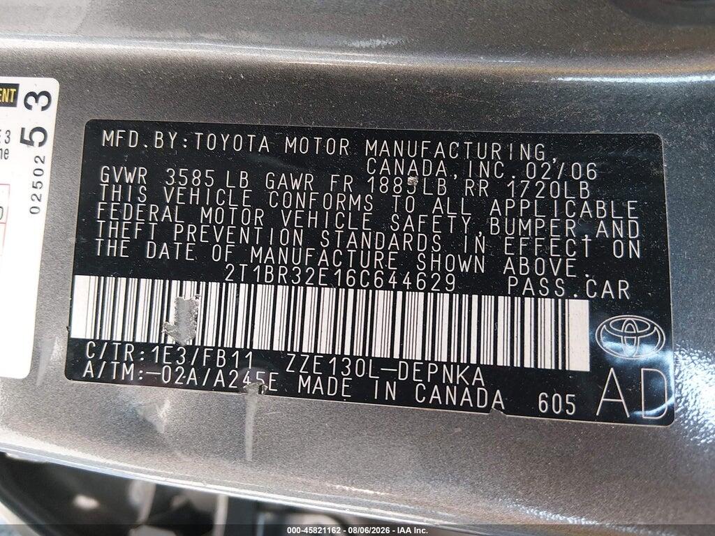 2T1BR32E16C644629 2006 TOYOTA COROLLA photo no. 9