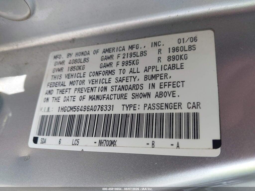 1HGCM56496A076331 2006 HONDA ACCORD photo no. 9