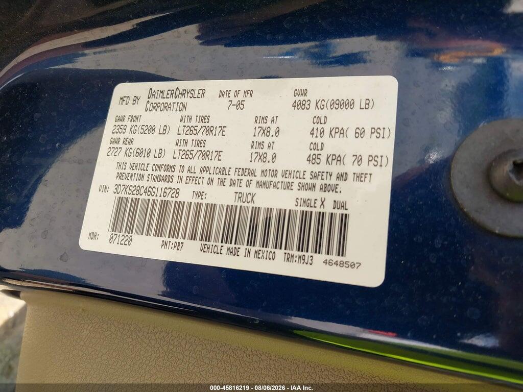 3D7KS28C46G116728 2006 DODGE RAM 2500 photo no. 9