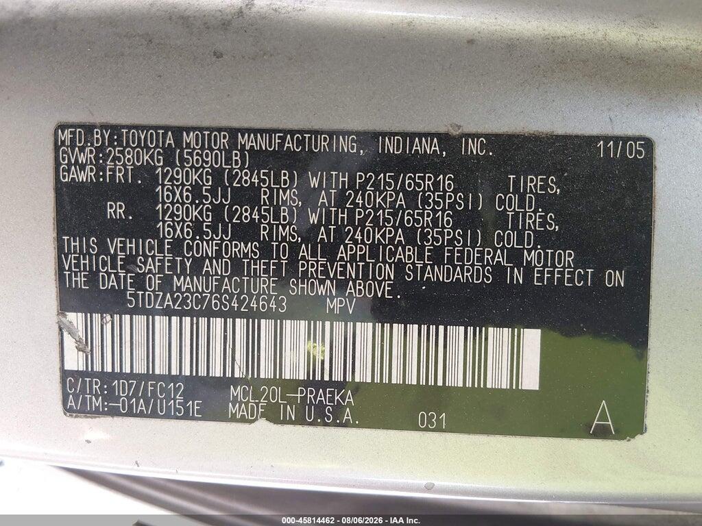 5TDZA23C76S424643 2006 TOYOTA SIENNA photo no. 9