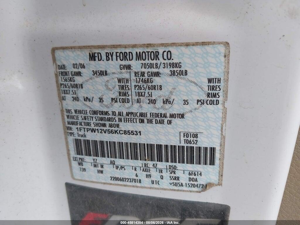 1FTPW12V56KC85531 2006 FORD F-150 photo no. 9
