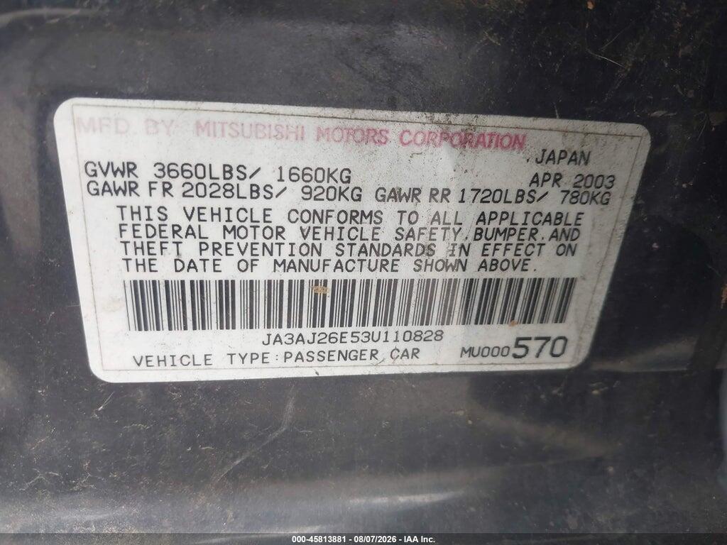 JA3AJ26E53U110828 2003 MITSUBISHI LANCER photo no. 9
