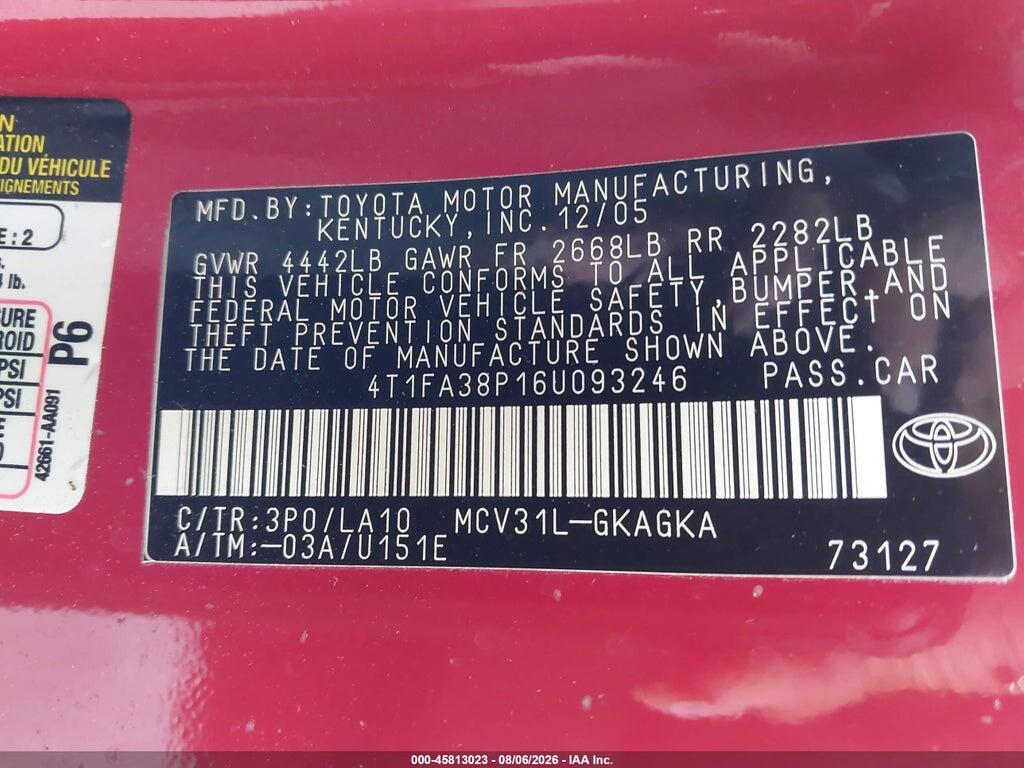 4T1FA38P16U093246 2006 TOYOTA CAMRY SOLARA photo no. 9