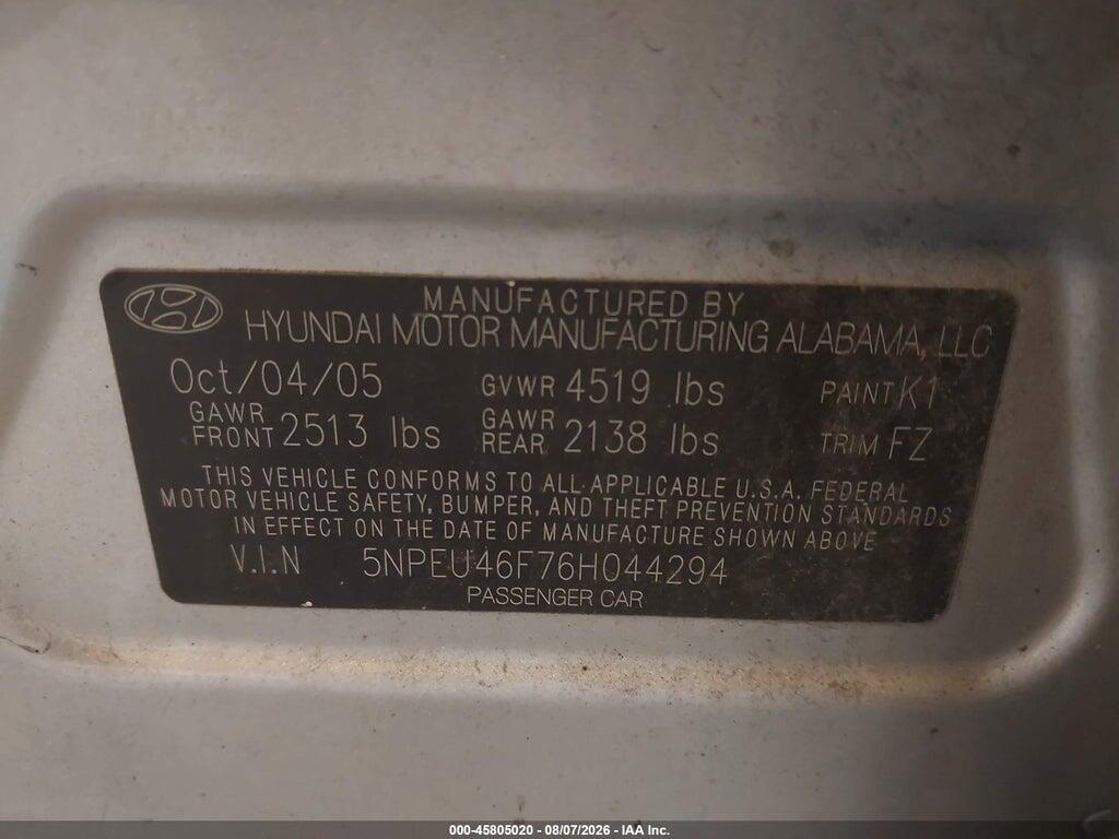 5NPEU46F76H044294 2006 HYUNDAI SONATA photo no. 9