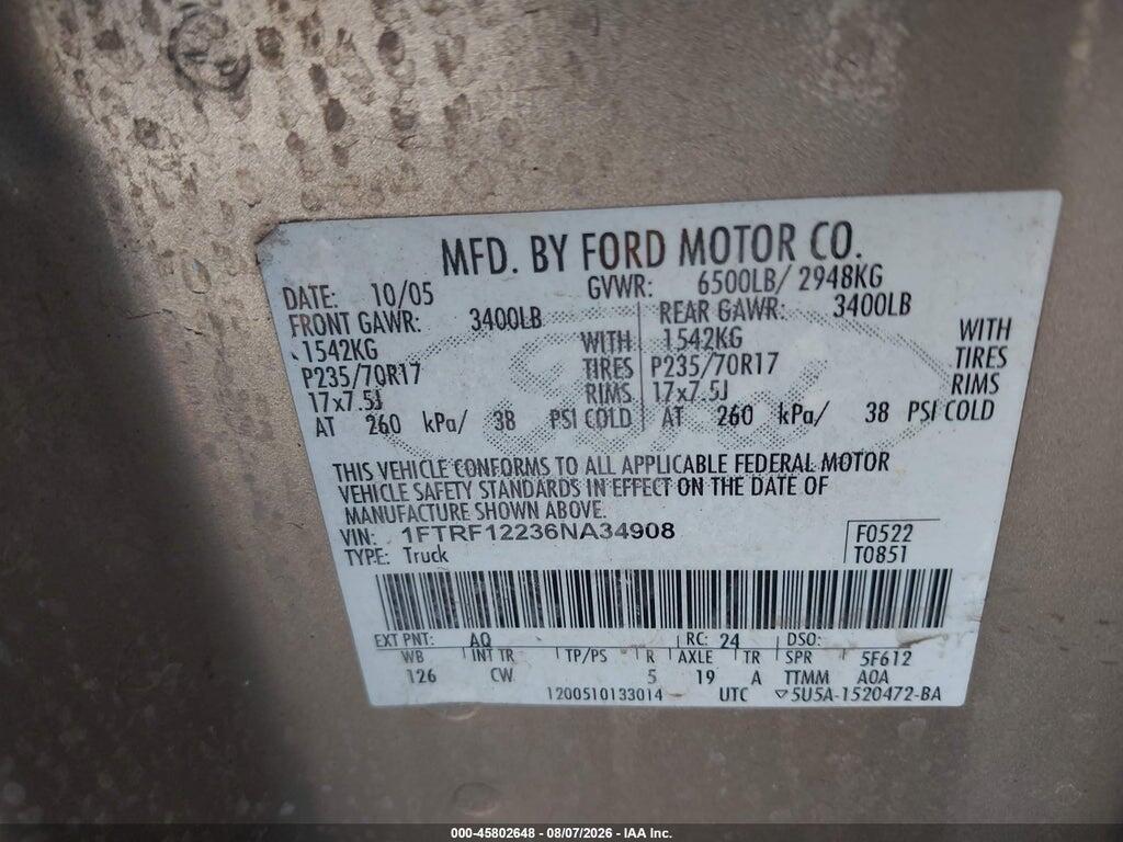 1FTRF12236NA34908 2006 FORD F-150 photo no. 9