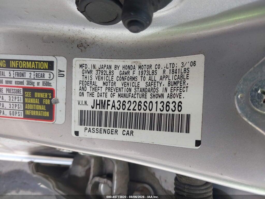 JHMFA36226S013636 2006 HONDA CIVIC HYBRID photo no. 9