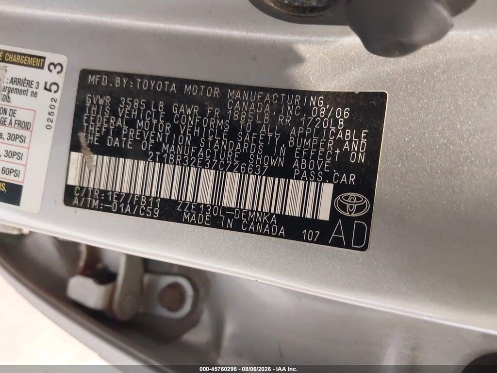 2T1BR32E37C726637 2007 TOYOTA COROLLA photo no. 8