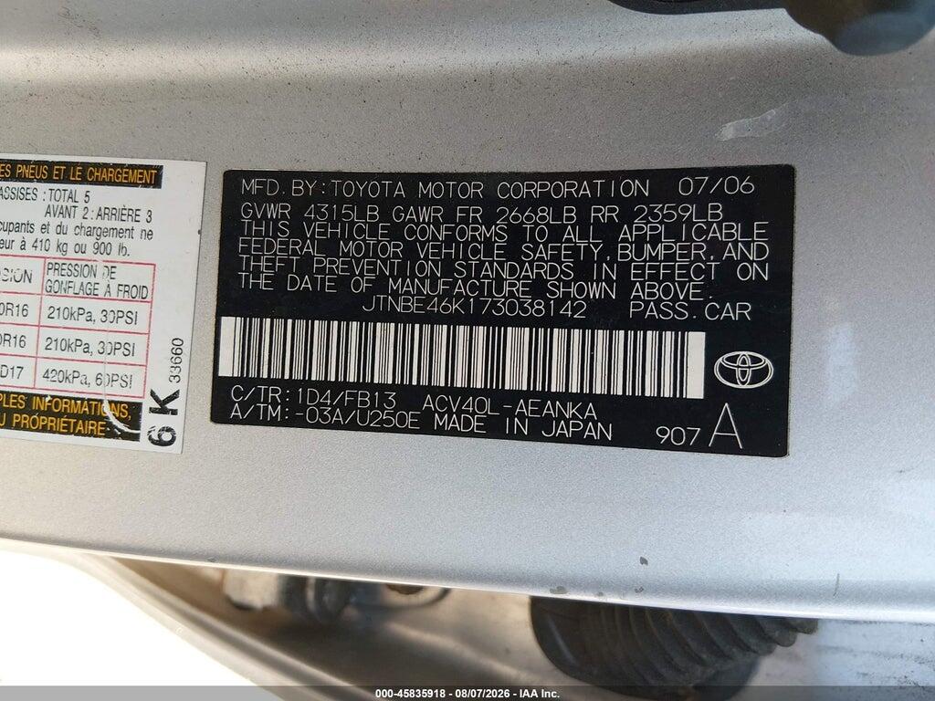 JTNBE46K173038142 2007 TOYOTA CAMRY photo no. 9