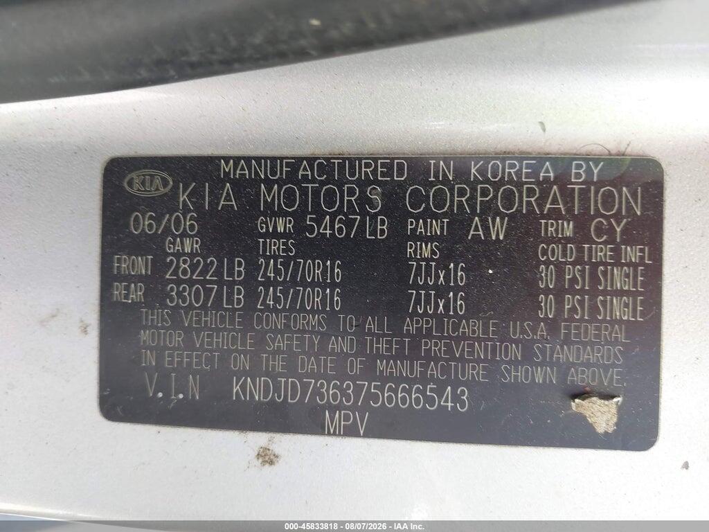 KNDJD736375666543 2007 KIA SORENTO photo no. 9