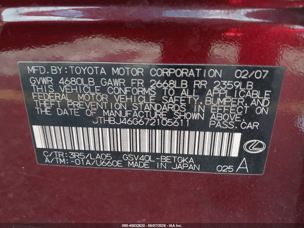 JTHBJ46G672105611 2007 LEXUS ES 350 photo no. 9