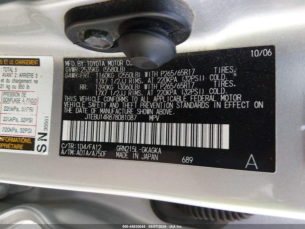 JTEBU14R878081087 2007 TOYOTA 4RUNNER photo no. 9
