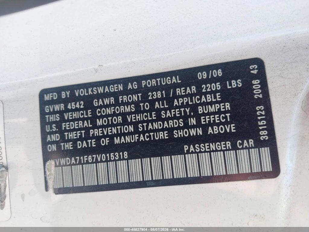 WVWDA71F67V015318 2007 VOLKSWAGEN EOS photo no. 9