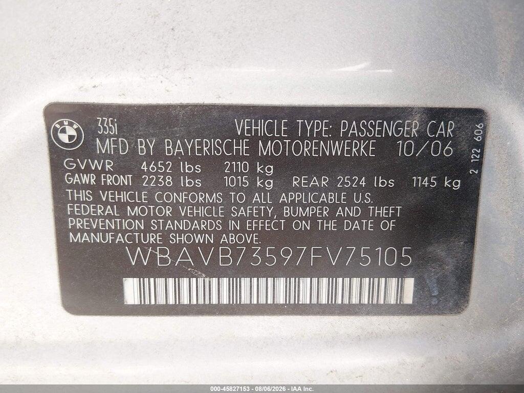 WBAVB73597FV75105 2007 BMW 335I photo no. 9
