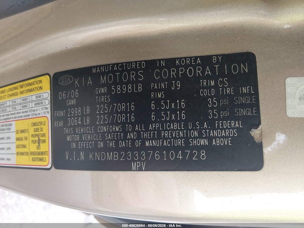 KNDMB233376104728 2007 KIA SEDONA photo no. 9