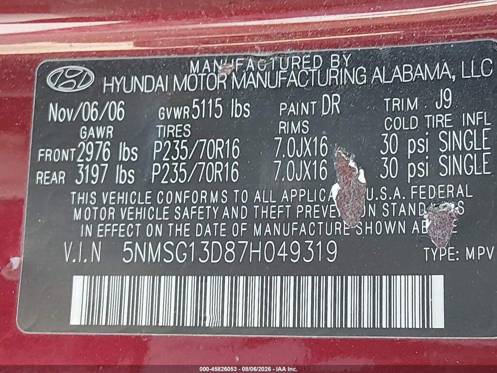 5NMSG13D87H049319 2007 HYUNDAI SANTA FE photo no. 9