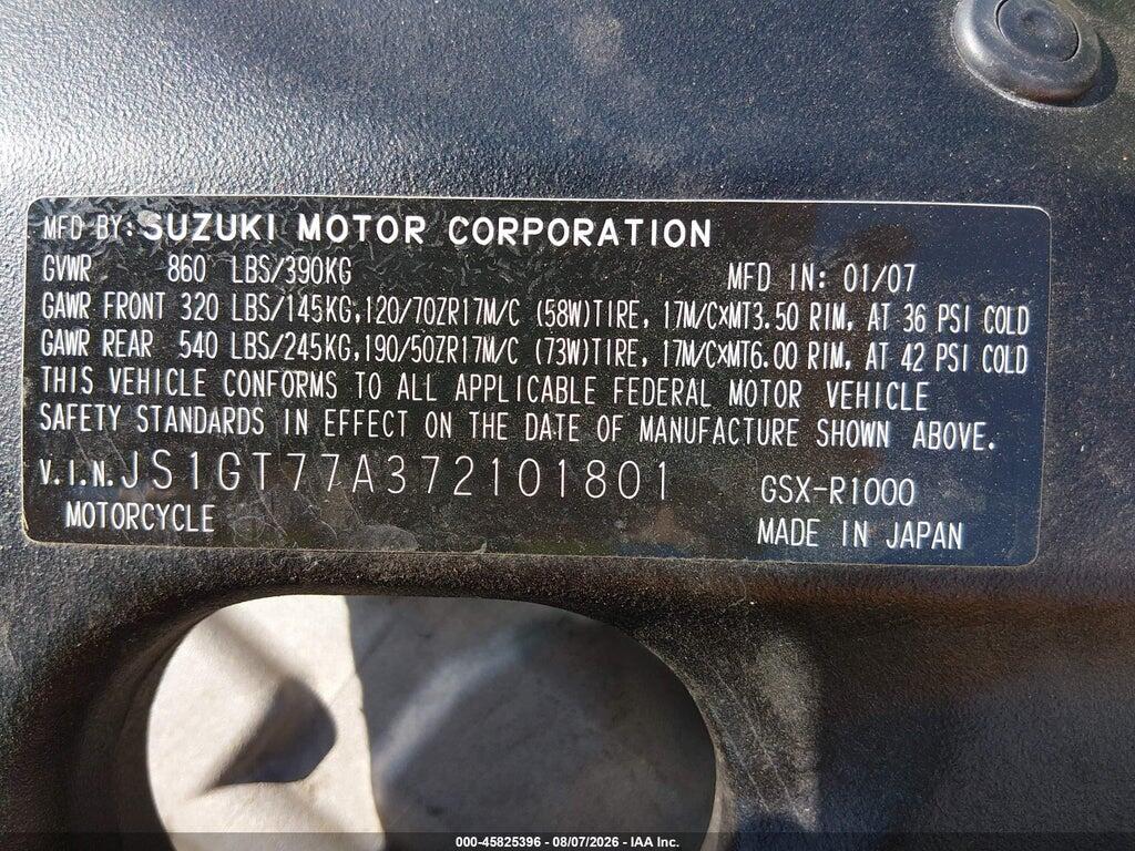 JS1GT77A372101801 2007 SUZUKI GSX-R1000 photo no. 10