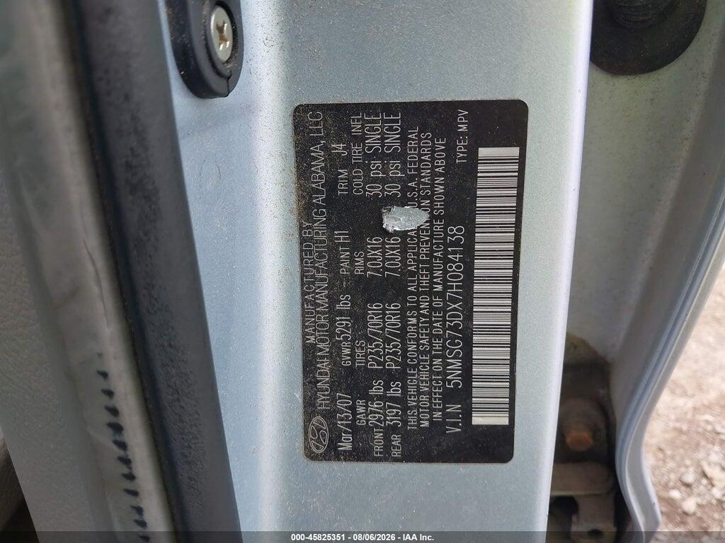 5NMSG73DX7H084138 2007 HYUNDAI SANTA FE photo no. 9