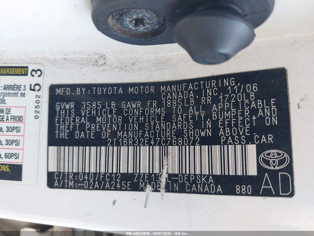 2T1BR32E47C768072 2007 TOYOTA COROLLA photo no. 9