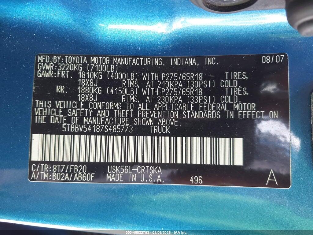 5TBBV54187S485773 2007 TOYOTA TUNDRA photo no. 9