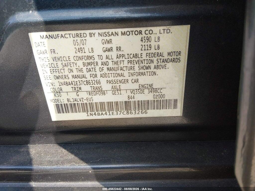 1N4BA41E37C863266 2007 NISSAN MAXIMA photo no. 9