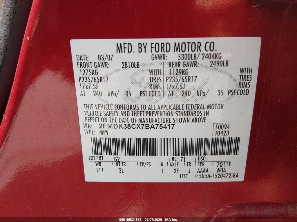2FMDK38CX7BA75417 2007 FORD EDGE photo no. 9