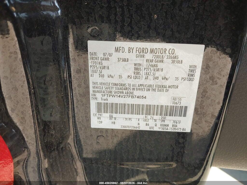 1FTPW14V27FB74054 2007 FORD F-150 photo no. 9