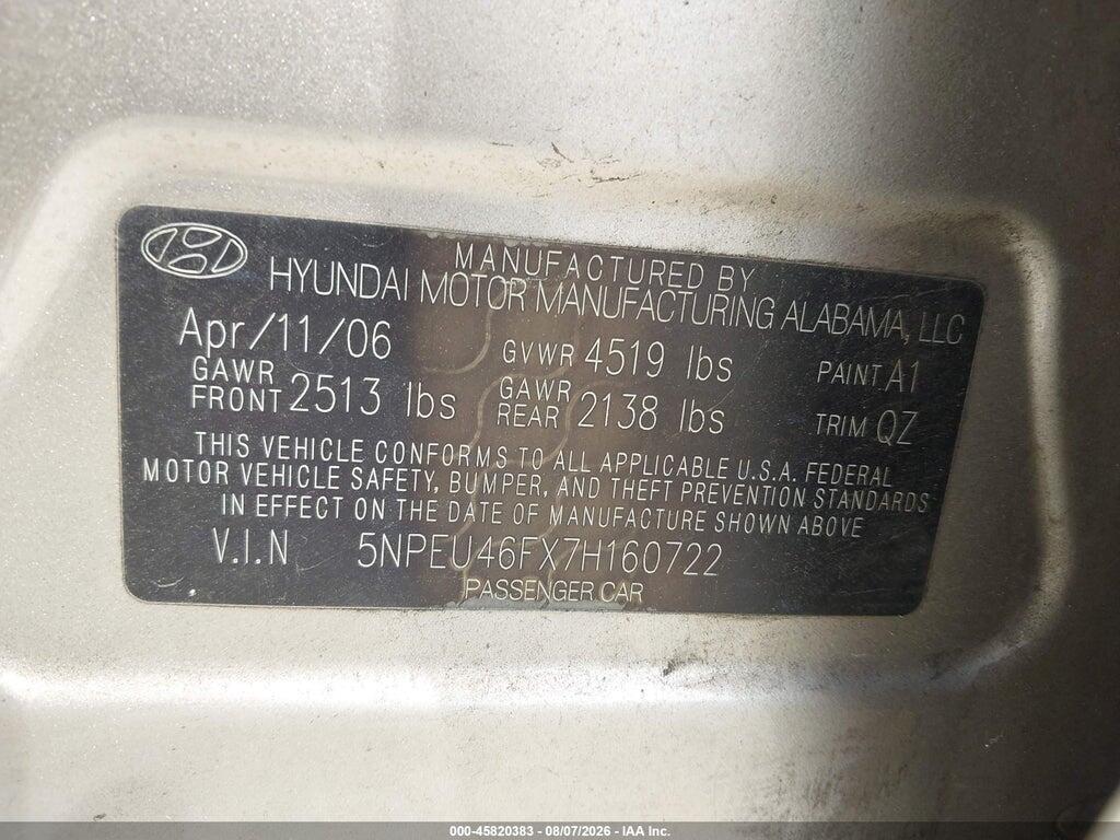 5NPEU46FX7H160722 2007 HYUNDAI SONATA photo no. 9
