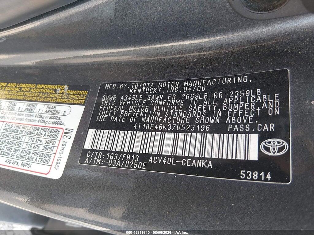 4T1BE46K37U523196 2007 TOYOTA CAMRY photo no. 9