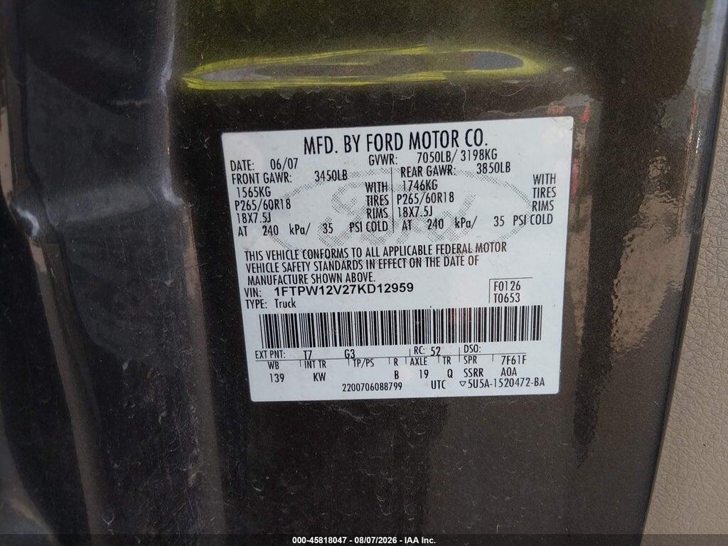 1FTPW12V27KD12959 2007 FORD F-150 photo no. 9