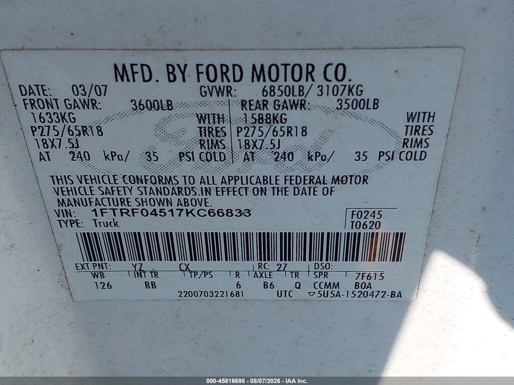 1FTRF04517KC66833 2007 FORD F-150 photo no. 9