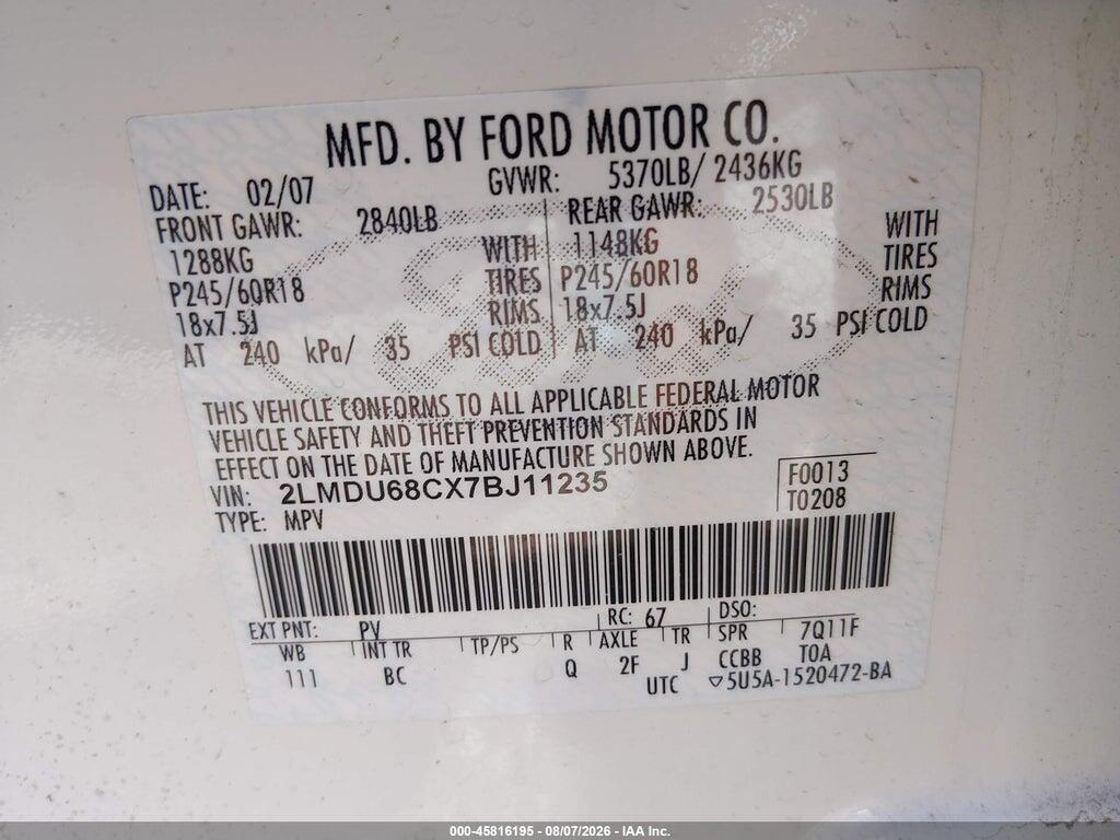 2LMDU68CX7BJ11235 2007 LINCOLN MKX photo no. 9