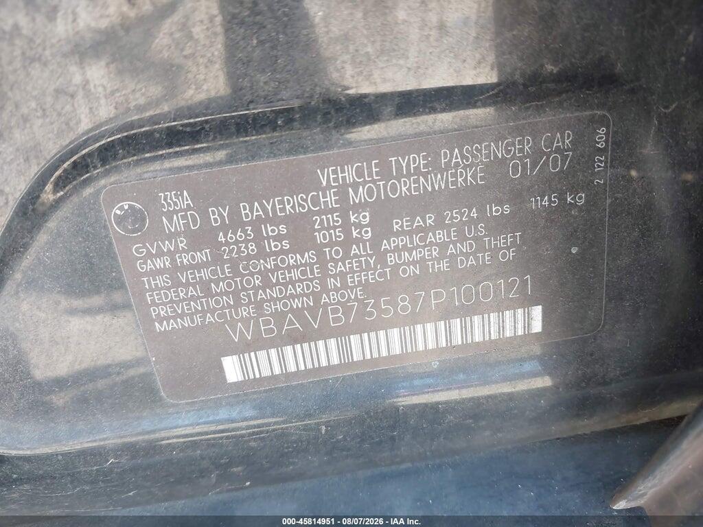 WBAVB73587P100121 2007 BMW 335I photo no. 9
