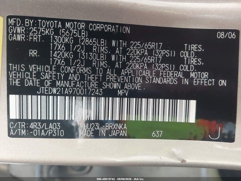 JTEDW21A970017243 2007 TOYOTA HIGHLANDER HYBRID photo no. 9